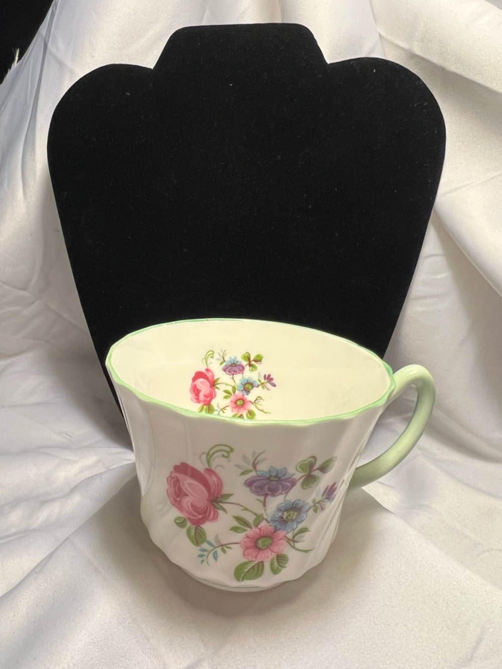 Vintage Floral Porcelain Teacup only, pastel green trim, by Staffordshire Eng.